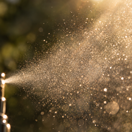 A close-up outdoor shot of a fine spray mist, likely from a garden sprinkler or atomizer, with golden sunlight shining through the droplets against a blurred green and brown background.