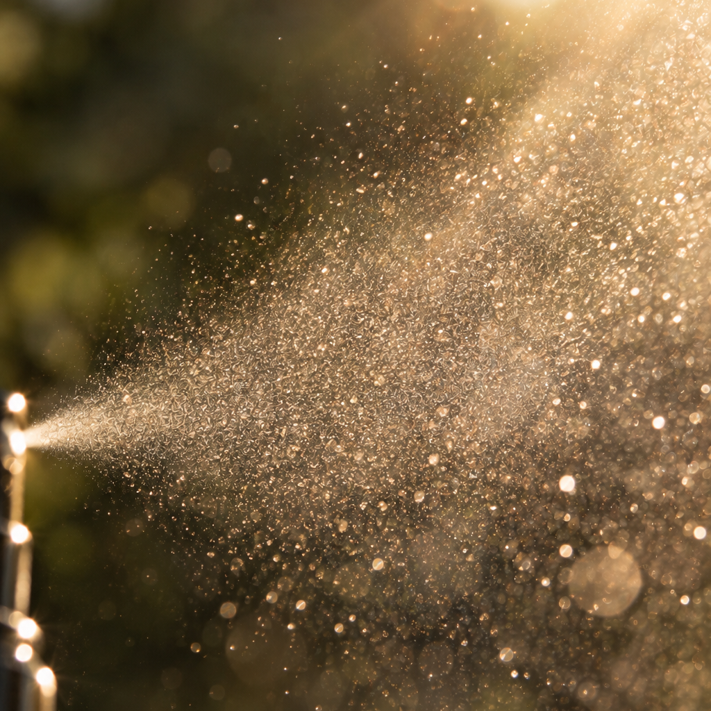 A close-up outdoor shot of a fine spray mist, likely from a garden sprinkler or atomizer, with golden sunlight shining through the droplets against a blurred green and brown background.